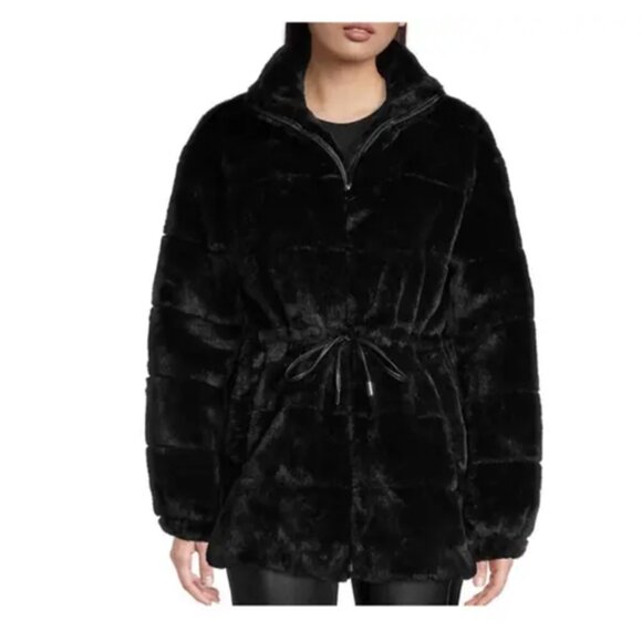 Elie Tahari Faux Fur Coat Womens Medium Black Cinch Waist Long Sleeve Jacket - Picture 2 of 15